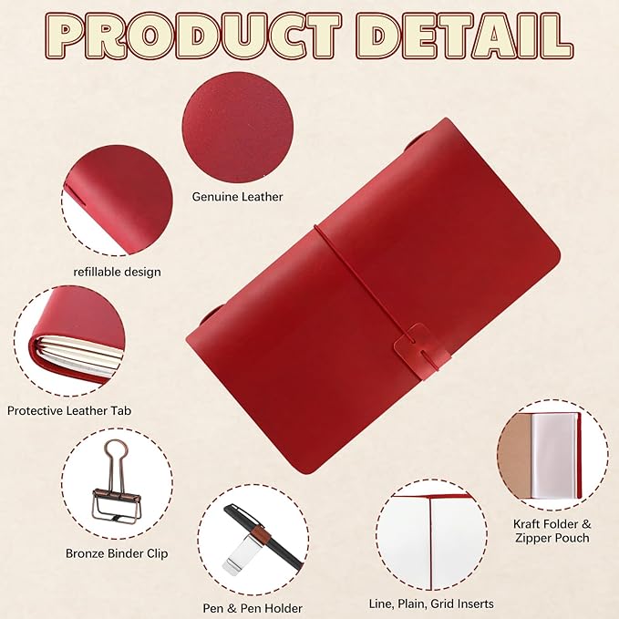 Thenshop Travelers Refillable Leather Journal Notebook Travel Diary Handmade Passport Travelers Journal for Men and Women with 3 Notebook Inserts, Pen Holder, Binder Clip(Wine Red,Stand Size)
