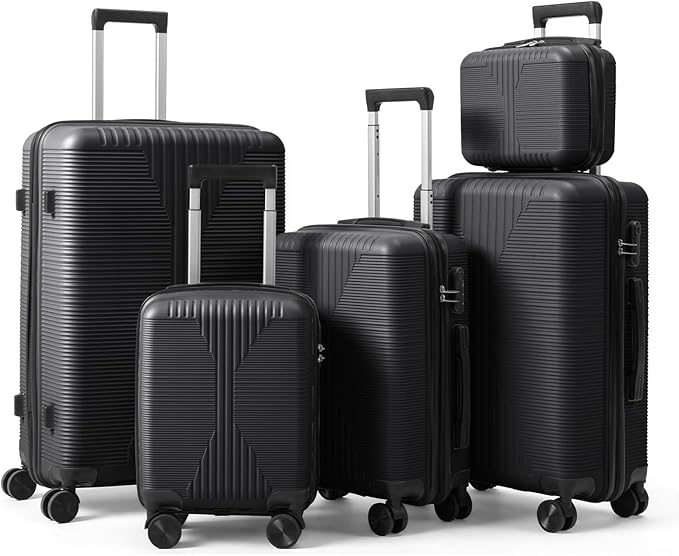Karl home Luggage Sets 5 Piece, PP Hard Case Suitcase Set with Built-in Lock Spinner Wheels, Lightweight Durable Carry on Luggage for Business Travel - Black (12/16/20/24/28")