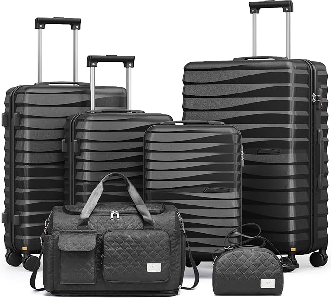Joyway Luggage Sets 6 Piece with Detachable Spinner Wheels, Lightweight Hard Shell Travel Suitcse Set with TSA Lock (Black, 6 Piece Set)