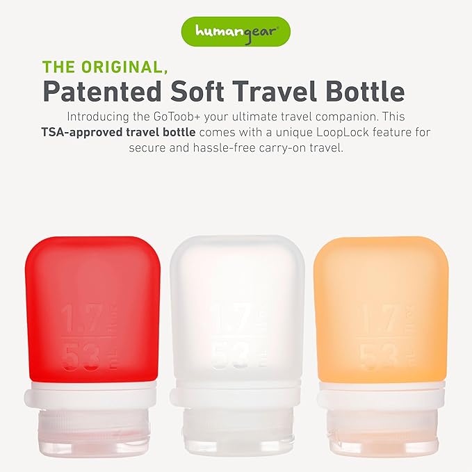 humangear GoToob+ Refillable Silicone Travel Size Bottles with Locking Cap for Women, Men, Toiletries, Beauty, Cosmetics, 3pk Set, Small (1.7oz), Clear/Red/Orange,HG3182