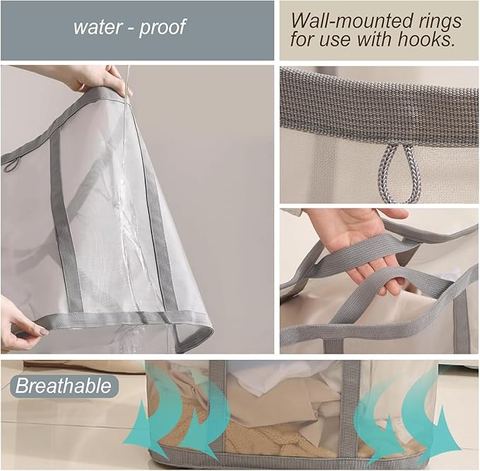 Mesh Bag with Handles, Collapsible Laundry Basket, Foldable Laundry Bag, Breathable Folding Beach Bag,Space-saving Travel Tote Bags (1, Brown)