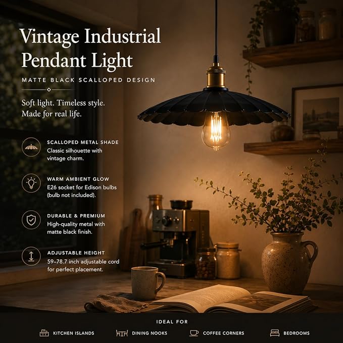Plug in Hanging Lamp Adjustable Farmhouse Black Plug in Pendant Light for Kitchen Island, Dimmer Switch Rustic Vintage Hanging Lamp with Scalloped 15.7" Metal Shade