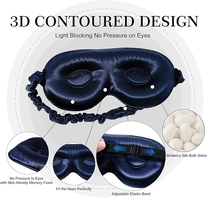 ZIMASILK Adjustable 22 Momme 100% Pure Mulberry Silk Sleep Mask, 3D Contoured Cup Eye Mask for Sleeping, Super Soft Breathable Blindfold, Perfect Blocks Light for Sleeping. (Navy Blue)