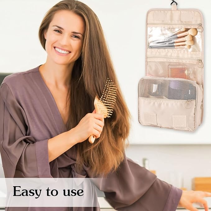 Pengxiaomei Toiletry Bag for Women, Waterproof Hanging Cosmetic Bag Portable Travel Makeup Pouch Multifunction Handle Bathroom Bag for Mothers Day Gifts (Beige)