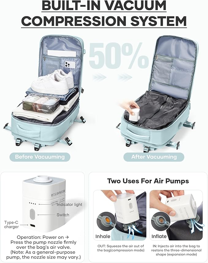 coofay Vacuum Backpack Travel with Pump Vacpack Travel Backpack with Vacuum System Mochila de Viaje Compresion al Vacio Easyvacpack Airbag Backpacks for Traveling Carry on Luggage