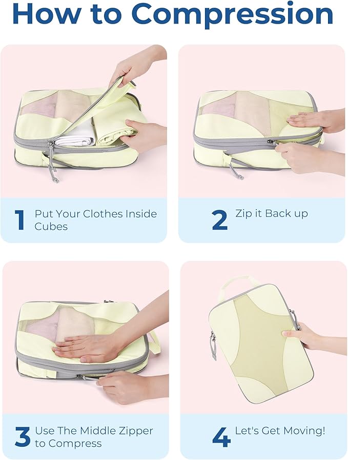 BAGSMART Compression Packing Cubes for Travel, Compressible Luggage Organizer for Cruise Ship, Lightweight Travel Essentials 6-Pack 1L+2M+2S+1Shoe Bag