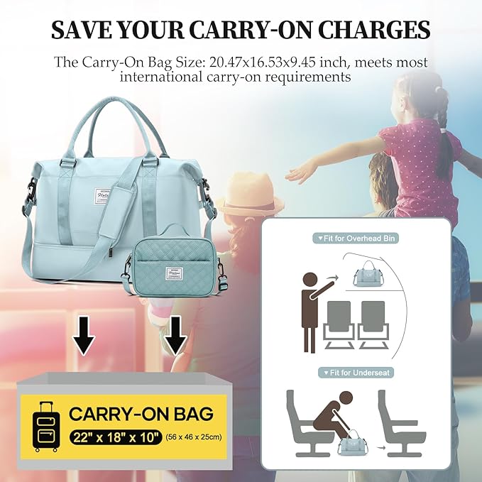 Weekender Bags for Women,Carry On Overnight Travel Duffel Bag with Shoes Compartment & Toiletry Bag,Extra Large,Light Blue
