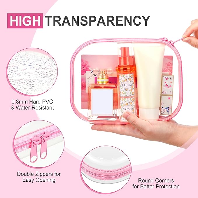 Sanwuta 6 Pcs Clear Hard Zipper Case Plastic Zipper Pouches Transparent Makeup Bag Pencil Case Pouches Toiletry Diaper Bag for Travel Toy Storage Organizer Bins(Pink,7.87 x 5.9 x 2 Inch)