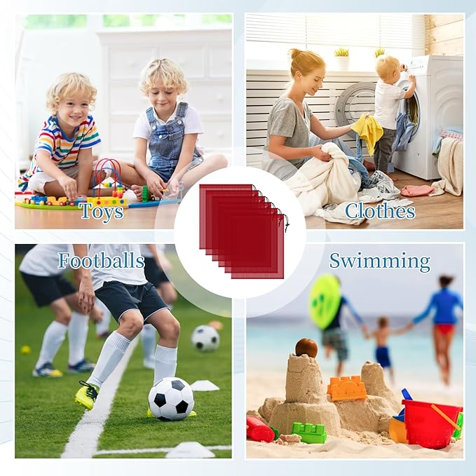 6 Pcs Mesh Bags Drawstring, 14x17 Inch with Lock, Multipurpose Storage Bags for Gym, Balls, Beach, Laundry(Red)