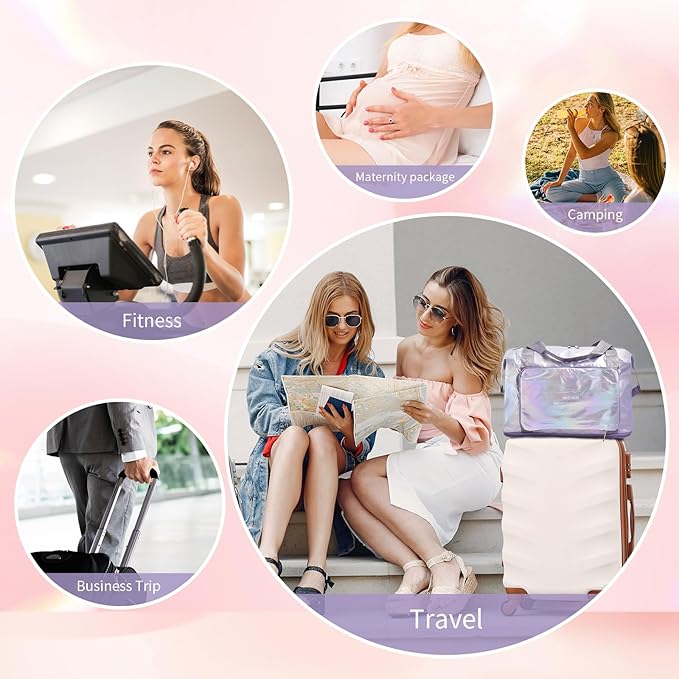 IwIeIaIrI Weekender Overnight Bags for Women Men,Waterproof Lightweight Foldable Gym Duffel Dance Bag for Girls Kids Women Weekend Travel with Laser Color (Purple)