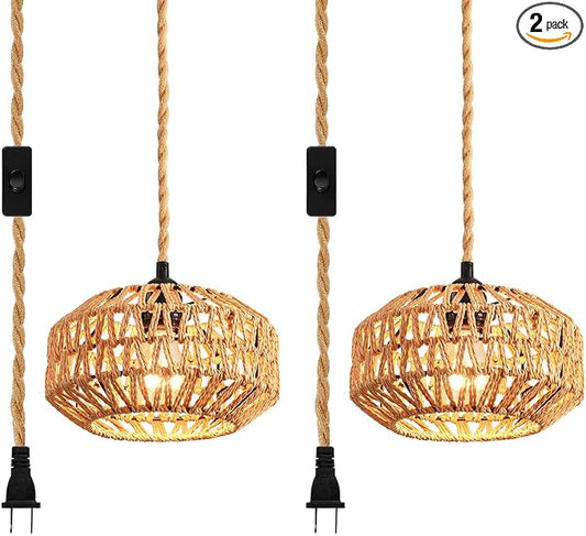 2 Pack Plug in Pendant Light Rattan Hanging Lamp with Switch,Mini Rattan Boho Semi Flush Mount Ceiling Light,Hand Woven Hallway Light Fixtures for Bedroom Entryway