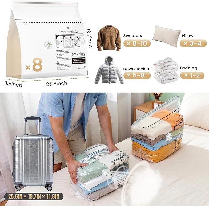 TAILI 8 Pack Cube Vacuum Storage Bags, Medium Size (25x19x11 inch), Vacuum Seal Bags for Clothing, Compression Packing for Clothes, Blankets, Baby Clothes