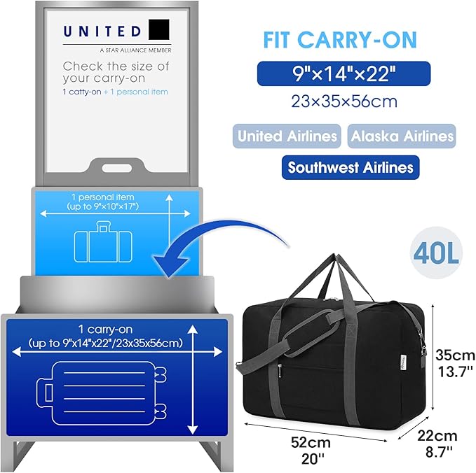 Narwey Carry on Luggage 22x14x9 Airline Approved Foldable Duffle Bag for Travel Packable Duffel Bag for Traveling Airplane for Women and Men 40L (Black (With Shoulder Strap))