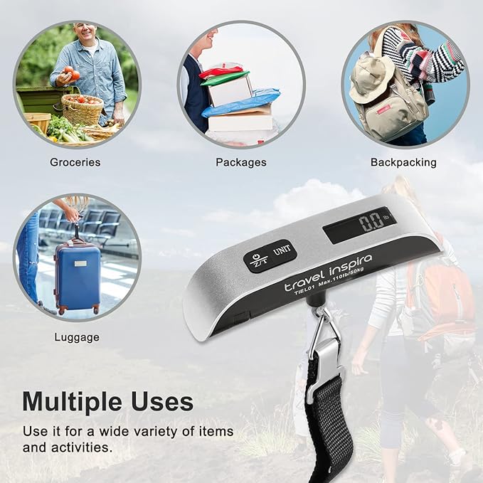 travel inspira Luggage Scale, Portable Digital Hanging Baggage Scale for Travel, Suitcase Weight Scale with Rubber Paint, 110 Pounds, Battery Included