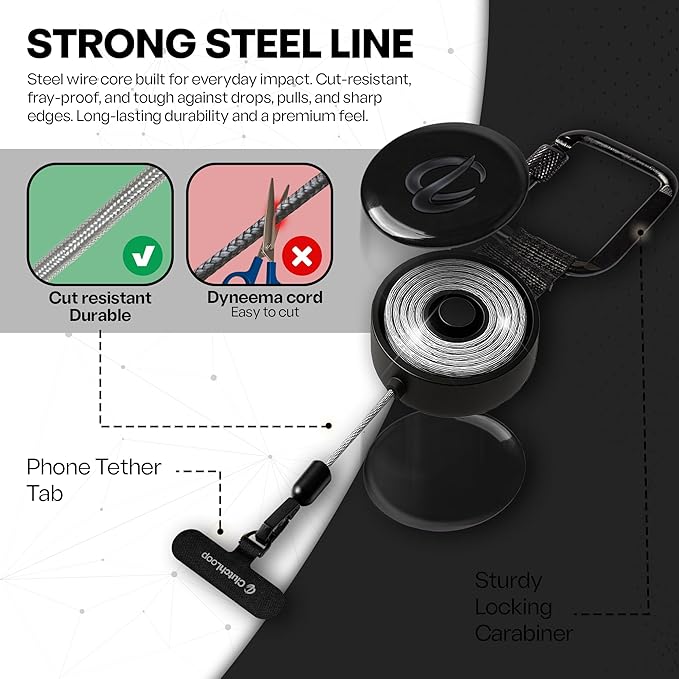 ClutchLoop Anti-Theft Phone Tether - Universal Adhesive Anchor, Retractable Steel Line and Locking Carabiner