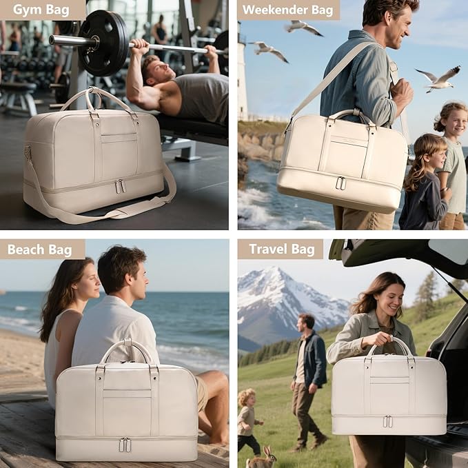 Weekender Bag for Women Men, Large Overnight Bag Faux Leather Travel Duffel Bag with Shoe Compartment Toiletry Packing Cube Carry On Bag Fit 21" Laptop 3Pcs Set (4PCS White)