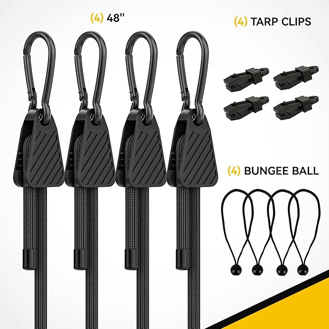 Rugtol Bungee Cords with Hooks, Upgrade 12pcs Assortment Heavy Duty Outdoor with 48'' Adjustable Bungee Cords Carabiner Black, 6'' Canopy Tarp Ball Ties and Tarp Clips for Tents, Cargo, Camping