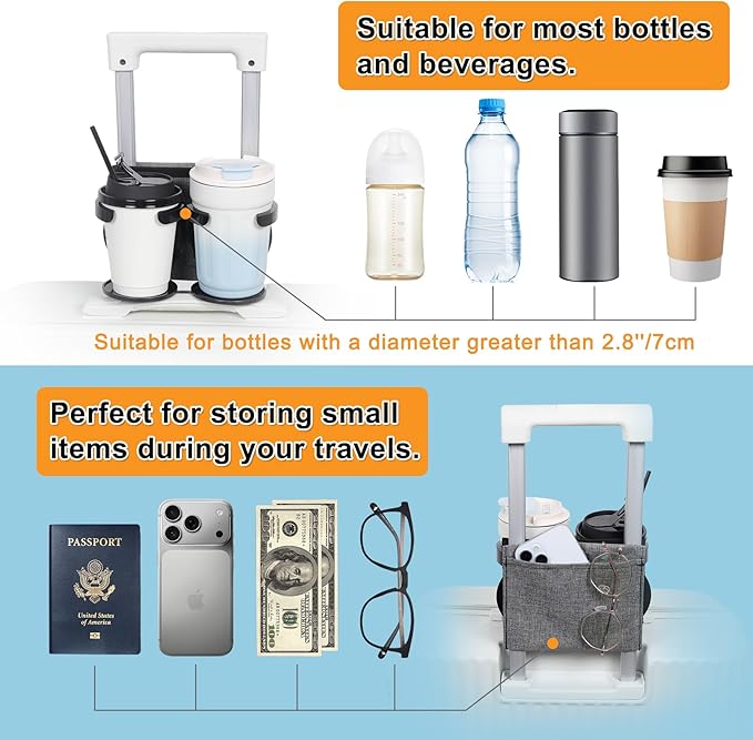 Vigorport Luggage Travel Cup Holder, Folding Cup Holder, Drink Caddy for Suitcases - Hold Two Coffee Mugs Traveler Carry on Hands Free Accessory