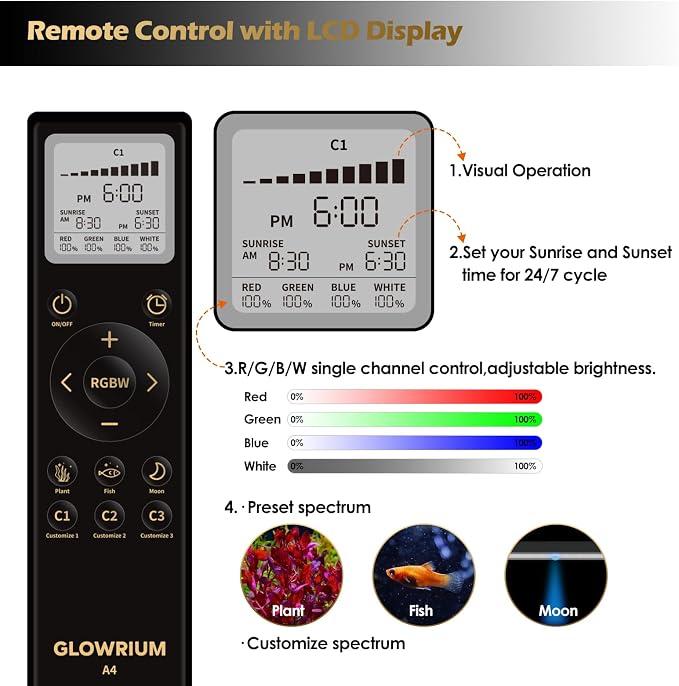 30-35in Freshwater Fish Tank Light, LED Aquarium Light with Moon | Auto Timer with Remote, IP67 Planted Tank Light, Full Spectrum Dimming RGBW+Moon, Fish/Plant/Moon Presets, Custom Mode