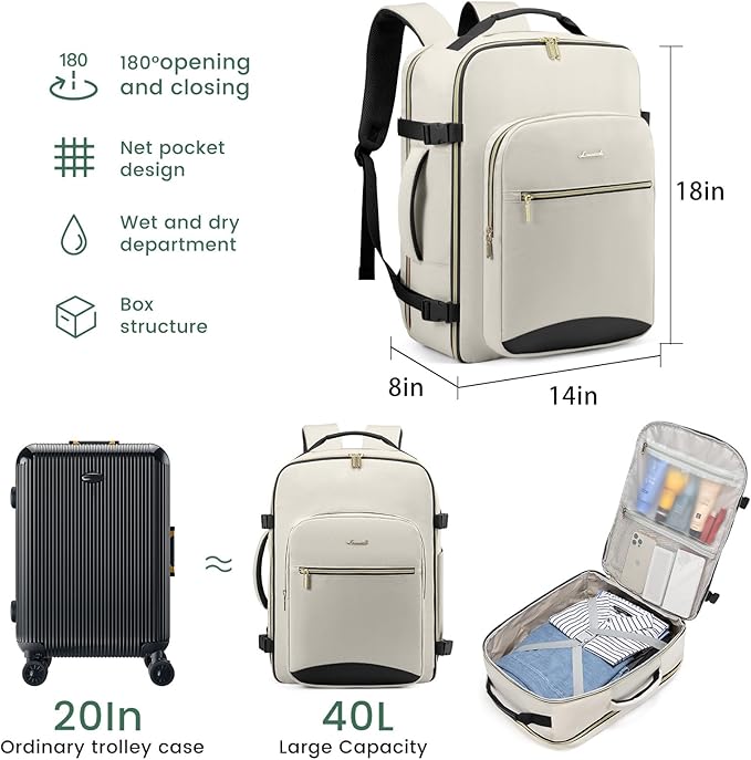 LOVEVOOK 40L Large Travel Backpack for Women Men, 17 Inch Carry on Backpack for Traveling on Airplane, Personal Item Travel Bag Airline Approved, Business Causal Weekender Backpack, Beige-Black