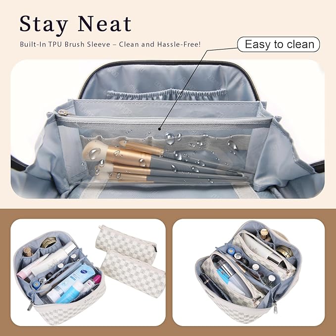 BOYATU Travel Makeup Bag Organizer Cosmetic Bag: 3 Pcs Set Make up Bags for Women with Handle - Waterproof Vegan Leather Toiletry Bags Travel Essentials Pouch with Compartments (H-03-White)