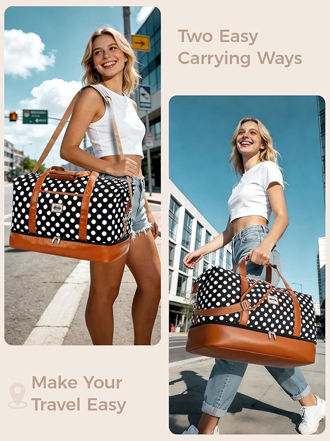 Travel Duffle Bag, Weekender Bags for Women Carry On Travel Bag Overnight Bag with Shoe Compartment Toiletry Bag, Large Weekend Tote Bag Gym Bag Hospital Bag for Labor and Delivery 50L, Dots