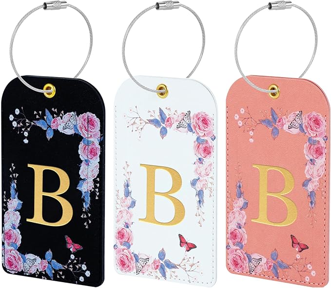 3 Pack Luxury Floral Luggage Tags, Durable PU Leather Suitcase Tags with Stainless Steel Cable Strap, Hidden ID Slot for Privacy Protection, Easy to Identify Waterproof Travel Accessories Gift (B)