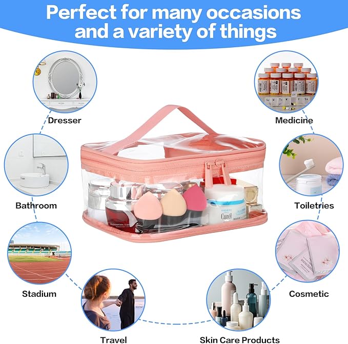 HAOGUAGUA 2 Pieces Clear Makeup Bags Cosmetic Toiletry Bags for Traveling, Waterproof Travel Transparent TSA APPROVED Carry On Airport Airline Compliant Bag (2 PIECES PINK)