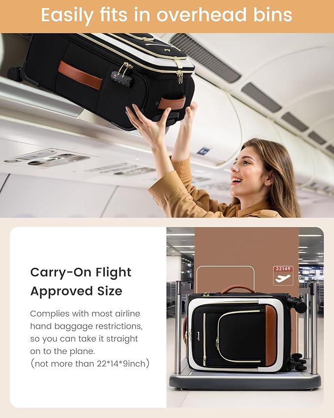 LOVEVOOK Carry on Luggage 22x14x9 Airline Approved, 22 Inch Large Rolling Suitcase with Garment Bag & Spinner Wheels, Softside Lightweight Underseat Carryon Luggage for Women Travel with TSA Lock