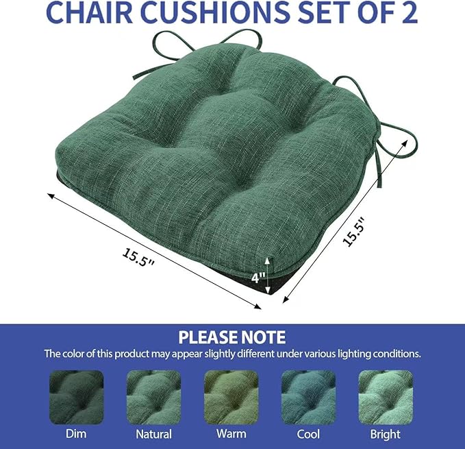 Chair Cushions for Dining Chairs Set of 2, Kitchen Chair Cushions, Chair Pads with Ties Non Slip Backing, Christmas Room Decor, Tufted Memory Foam Seat Cushion 2 Pack, 15.5x15.5x4, Dark Green