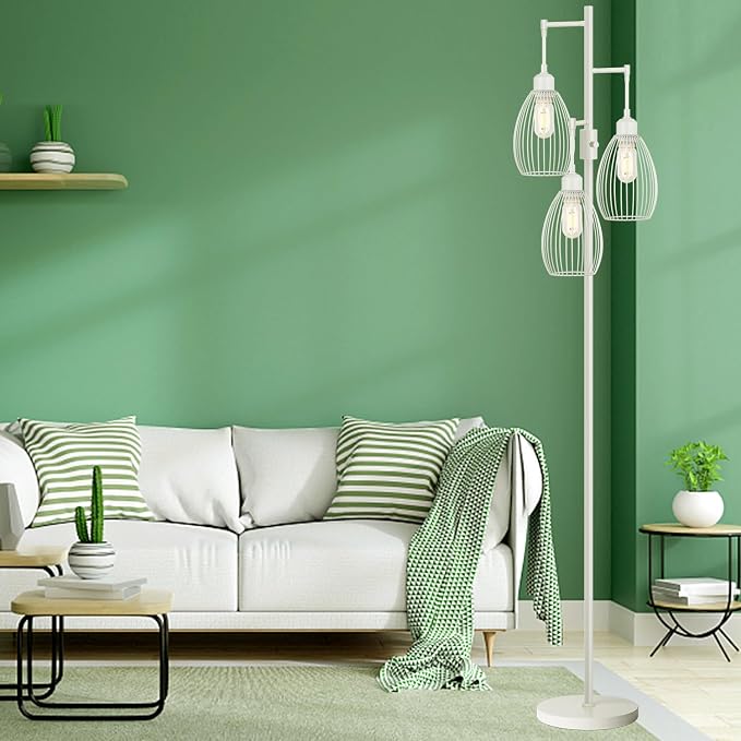 Dimmable Floor Lamp, 3 x 800LM LED Edison Bulbs Included, Farmhouse Industrial Floor Lamp Standing Lamp with Elegant Teardrop Cage Head Tall Lamp for Living Room Bedroom Office Dining Room - White