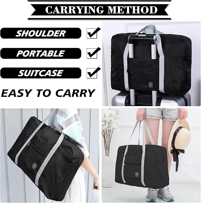 INVODA Travel Bag Carry on Luggage Foldable Duffel Bag Sports Gym Bag Weekender Overnight Bag Water Resistant Nylon Travel Duffel for Men Women (Black)
