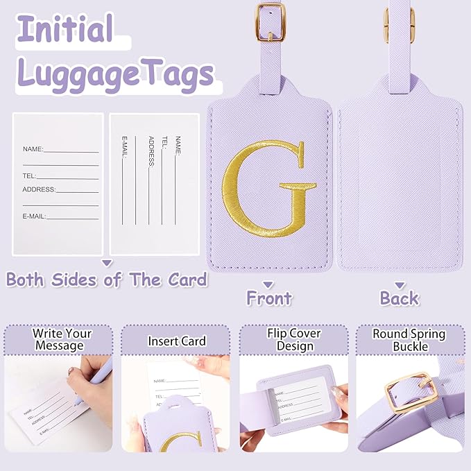 Initial Luggage Tags for Suitcases, Cute Embroidered Letter Luggage Bag Suitcase Identifier Name Baggage Tag, PU Leather Travel Luggage Tags, Bag Tags for Men Women Kids Luggage Handbags(Purple G)