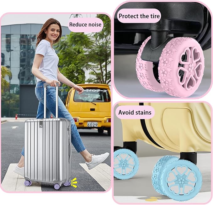 Luggage Wheel Protector, 8PCS Sakura Love Design - Premium Silicone Protectors for 2-2.4" Spinner Wheels Anti-Slip, Ultra-Quiet & Wear-Resistant Travel Accessories (Pink)