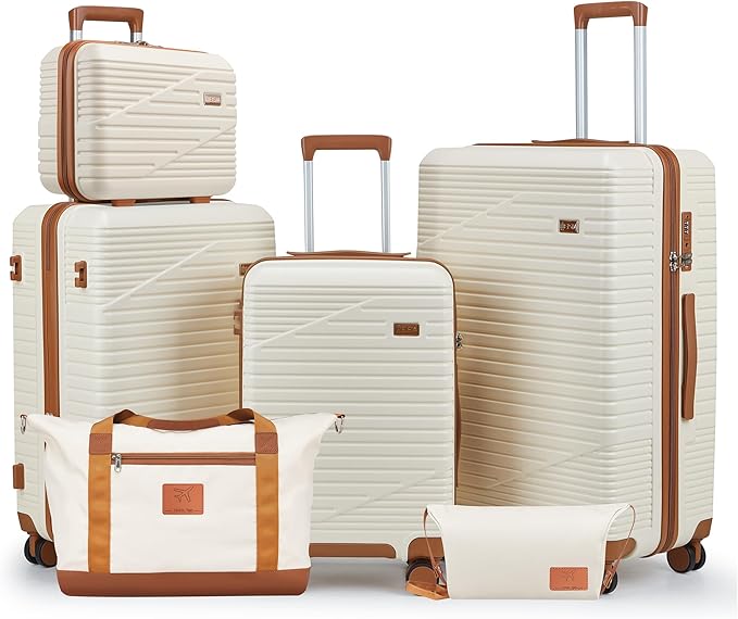 Luggage Sets,PC+ABS Hard Shell Carry on Suitcase with Spinner Wheels and TSA Lock, Travel Lightweight Luggage Set with Spinner Wheels (Beige, 6 piece sets （14/20/24/28/DB/TB)