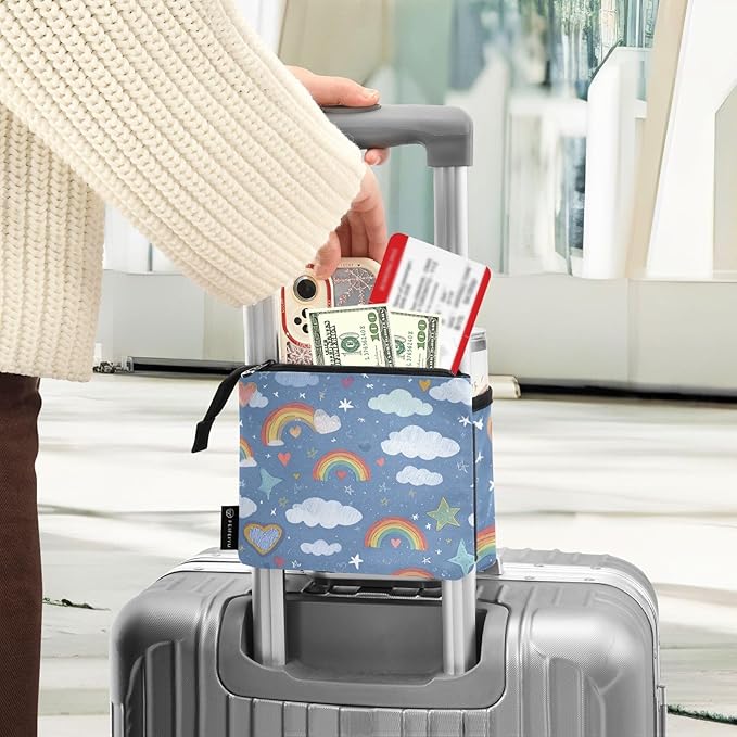 Blue Rainbow Hearts Clouds Stars Luggage Cup Holder Travel Portable Free Hand Drink Carrier Suitcase Drinks Beverage Holder Carry-On Bottle Mug Holder Organizer Bag Travelers Accessories