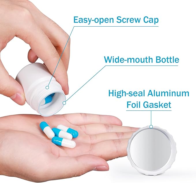 Small Pill Bottle for Travel Screw Top, Empty Medicine Bottles for Pills Capsules Vitamins, Food Grade Wide Mouth Plastic Small Travel Medicine Containers with Labels (White, 1oz/30ml, 8 Pcs)