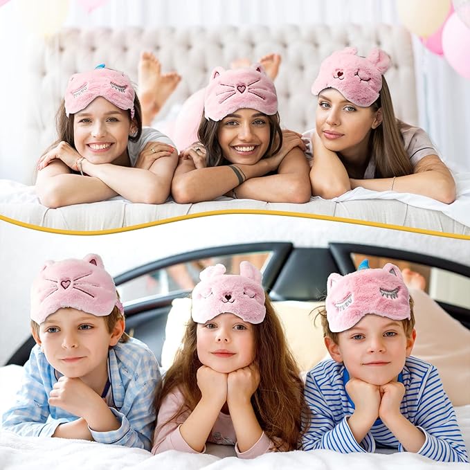 Geyoga Sleep Mask for Kids, Girls Plush Sleeping Eye Cover Soft Eye Blindfold Cover Animal Shade for Kids(Pink,Bunny, Cat and Unicorn Style)