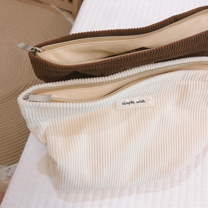 Wudygirl Travel Makeup Bag Large Capacity Cosmetic Bag for Women Corduroy Toiletry Pouch Handbags Zipper Purses Travel Essentials (Beige)