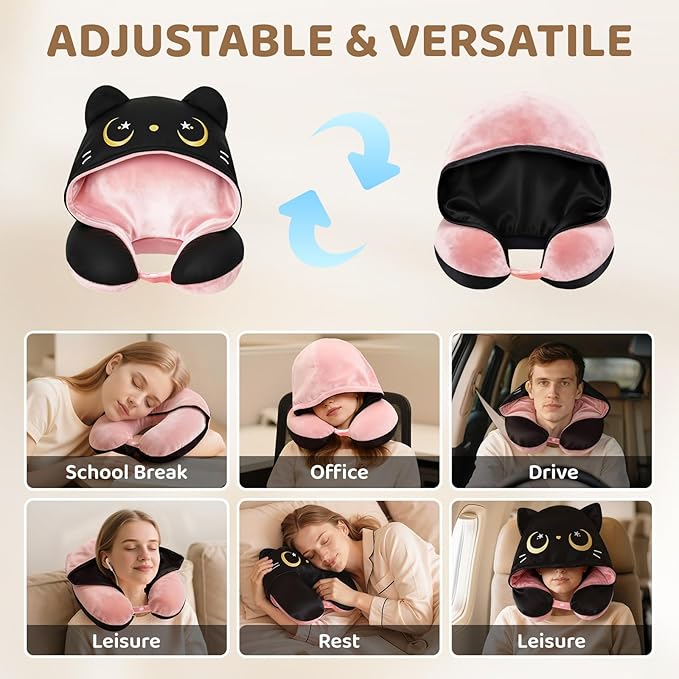 Mewaii Travel Neck Pillow with Hood for Airplanes,Memory Foam,Breathable Ice Silk & Soft Velvet,Double-Sided,Removable to Clean,Adjustable Strap,Portable Travel Pillow for Long Flights Adults & Teens