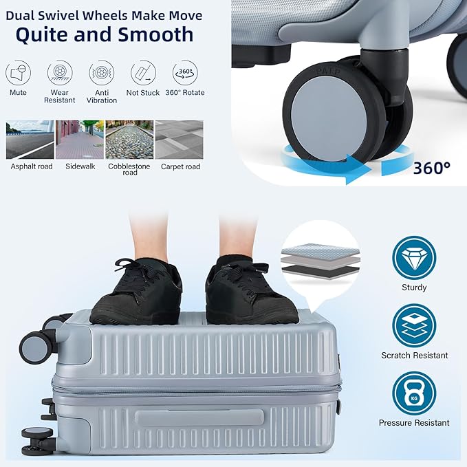 HanTrip Hard Shell Suitcases 24 Inch Check in Luggage with Spinner Wheels, Expandable Travel Luggage with Cup Holder Charger Built in, Checked Medium Suitcase Lightweight Suitcases, Silver