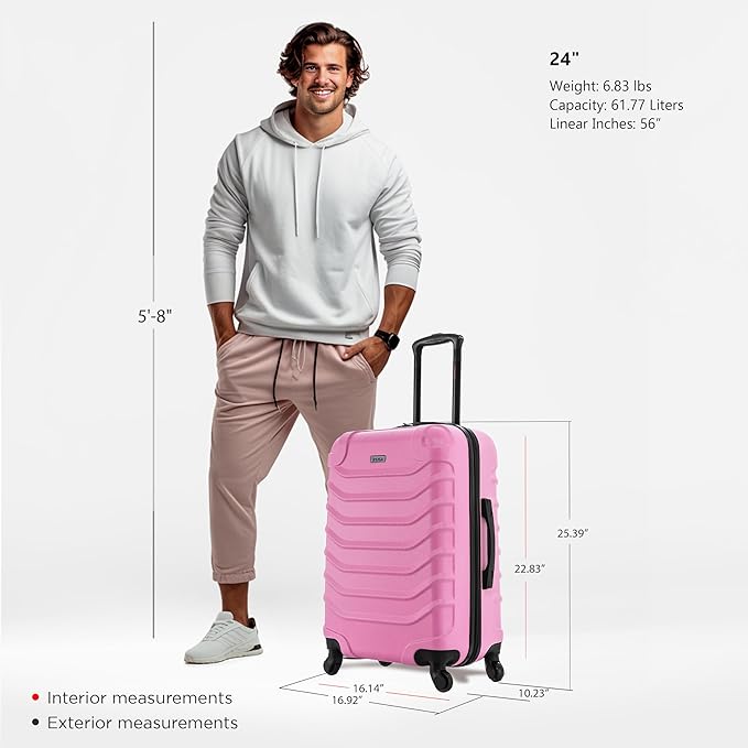 InUSA ENDURANCE Luggage with Spinner Wheels | Durable Lightweight Hardside Suitcase, Spacious Travel Bag with Handle and Trolley | 24-Inch Medium Checked Luggage | Pink