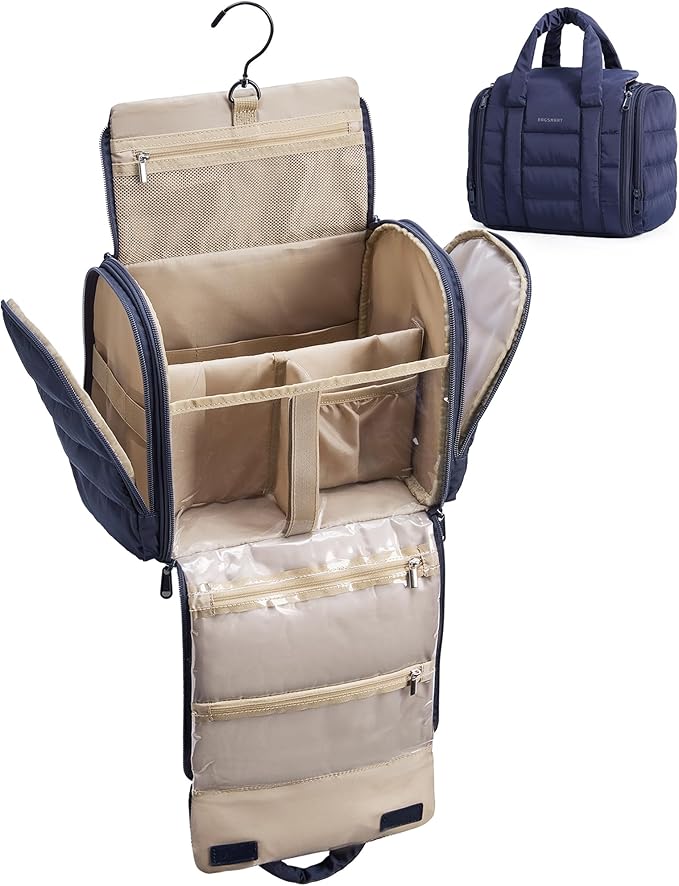 BAGSMART Makeup Bag Puffy Fabric Toiletry Bag, Removable Partition & Hanging Hook, Cosmetic Bag for Travel-Sized Shampoo, Conditioner, Brushes Set, Makeup Accessories, Medium Capacity, Navy Blue
