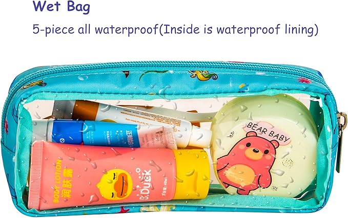 TSA Approved 5-Piece Diaper Bag Organizer Pouch Set Clear Waterproof TPU Kids Toiletry Storage Set Travel Packing Clutch Cube Bags for Baby Nursing(Mermaid)