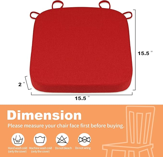 SINOSSO Memory Foam Chair Cushions for Folding Chairs 6 Pack, Thickened 2" Square Pads with Ties for Kitchen Chairs, Indoor Non-Slip Dining Chair Seat Cushions (6 Pcs, Red)