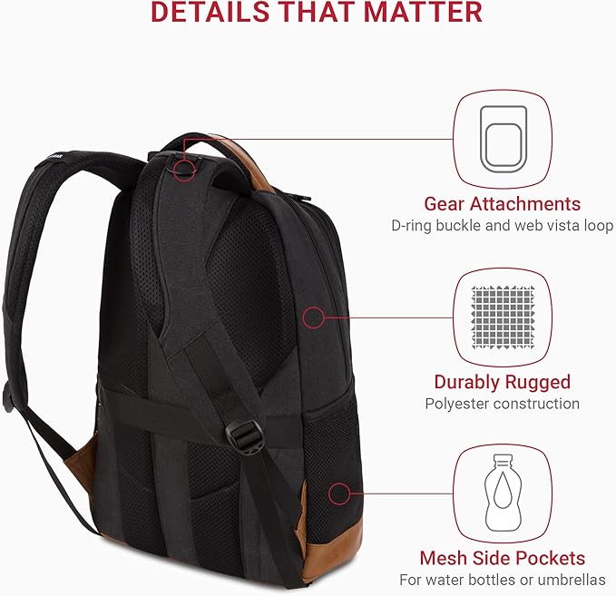 SWISSGEAR Cecil 18-Inch Laptop Backpack Fits 16-Inch Laptop, Travel Daypack with Organizer Pockets, Water Bottle Holders & Padded Straps – Black Canvas/Brown