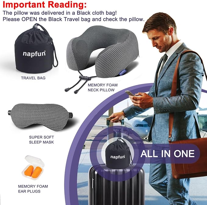 napfun Neck Pillow for Travel with Travel Pouch, Sleep Mask & Earplugs, Memory Foam Airplane Pillow for Headrest Sleep with Eyeshades, Plane Essentials with Eye Blindfold, Dark Gray Striped Kit