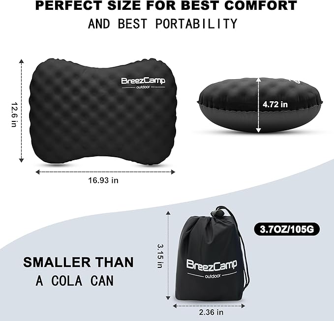Camping Pillow with Soft Cover, Lightweight Inflatable Pillow for Neck Lumbar Support,Upgrade Backpacking Pillow,Washable Travel Air Pillows for Hiking, Backpacking, Airplane, Beach, Black