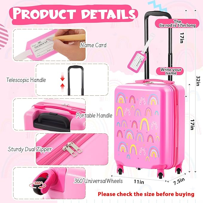 Redbaker 17 Inch 6 Pcs Kids Luggage Set Kids Rolling Luggage Double Pattern Suitcase for Boys Girls (Dusty Pink, Rainbow Style)