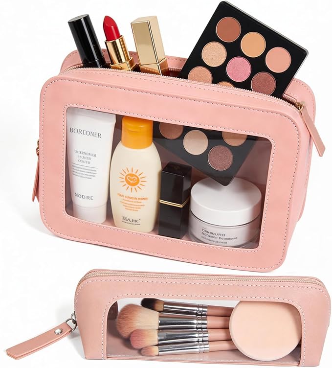 LETGO 2Pack Clear Makeup Bags Set, Small Clear Makeup Bag, PU Leather Travel Makeup Brush Case Portable Transparent Waterproof Cosmetic Organizer Pouch with Zipper for Women(2Pack-White Set)